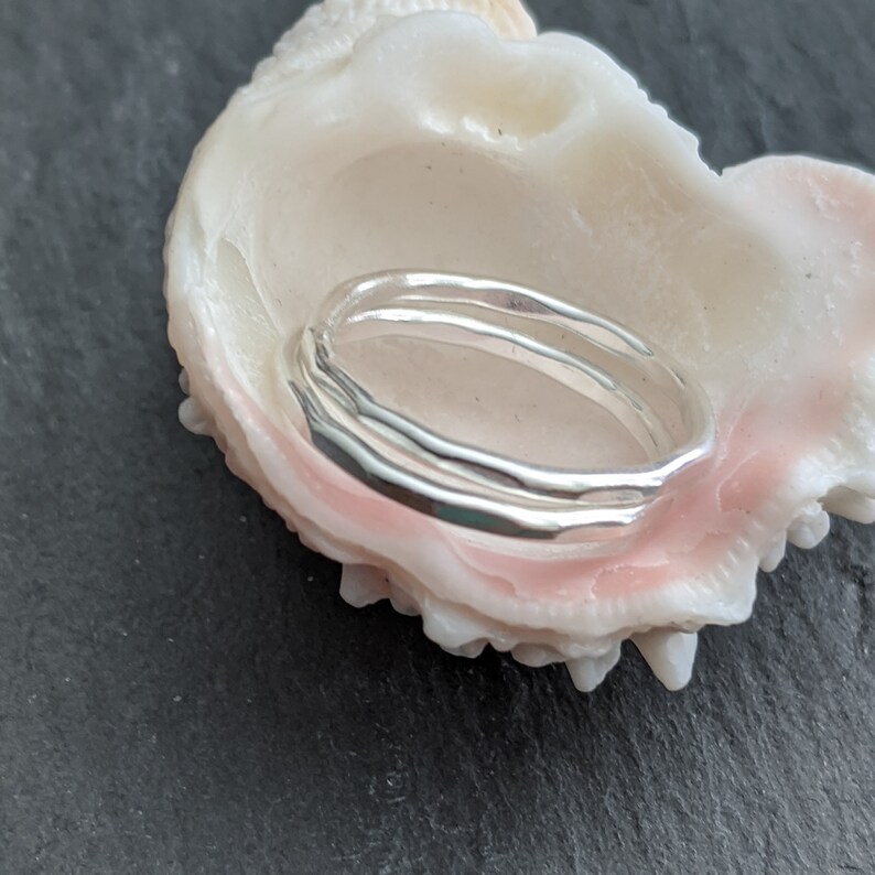 Set of 2 hammered stacking silver rings thin band hammer textured