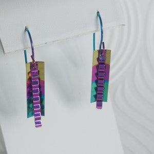 Anodized Niobium Earrings, Gold, Pink, and Green rectangle with Hot Pink Strip,  Hypoallergenic, Lightweight Earrings