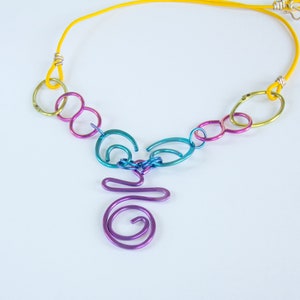 Anodized Niobium Necklace, Handmade Link Necklace in Anodized Niobium on a Yellow Leather Cord, Hand-Formed Links, Niobium, Leather, Silver.