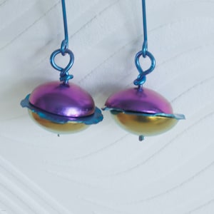 Niobium Flying Saucer Earrings; Pink, Aqua, and Yellow;  Fun and Funky Earrings; Dimensional Niobium Earrings.