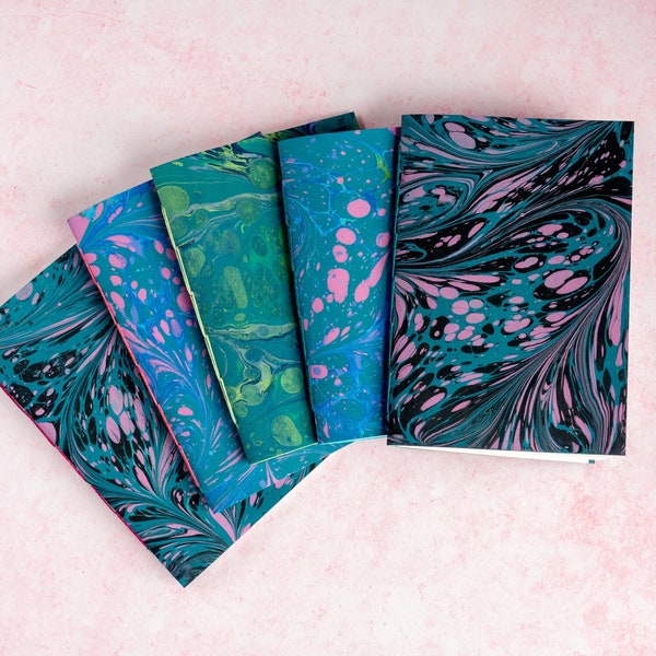 Hand Bound Marbled Notebooks, A6 Personalised Jotters, Dot Grid or Graph White Pages - Colourful Books - Pink, Blue, Black & Teal