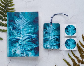 Blue Fern Cyanotype Stationery Set - Card, Stickers & Gift Tag - Blank Greeting Card / Notecard - Plastic-Free Botanical Gift Wrapping Set