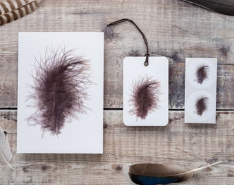 Fluffy Feather Stationery Set - Card, Sticker & Gift Tag - Blank Greeting Card / Notecard with Recycled Envelope - Plastic-Free!