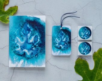 Blue Fig Leaf Cyanotype Stationery Set - Card, Stickers & Gift Tag - Blank Greeting Card / Notecard - Plastic-Free Leaves Gift Wrapping Set