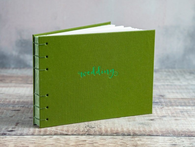 Moss Green Wedding Guest Book Fabric A5 Landscape Hand Bound Coptic Stitch Wedding Book with Personalised Cover with Names and Dates image 1