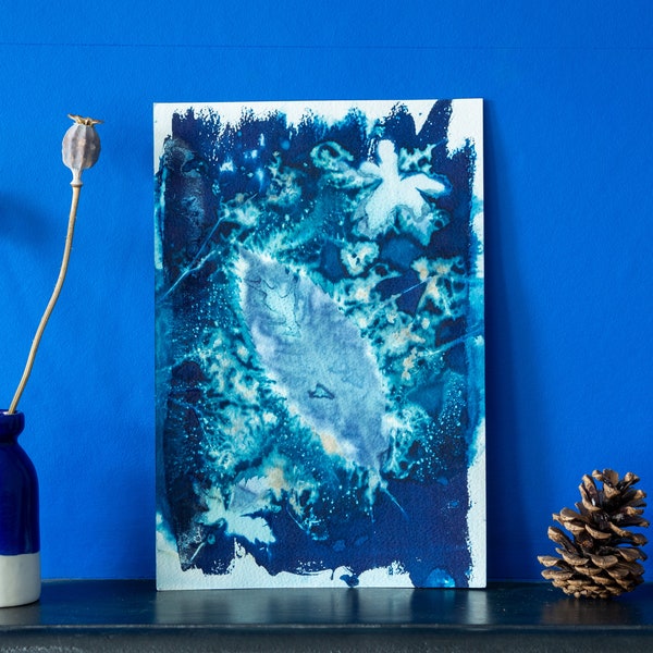 Botanical Cyanotype Print - Original Nature Artwork - Blue Sun Print - Wet Cyan - Sweet Chestnut Leaf, Geranium Leaves & Cow Parsley Flowers