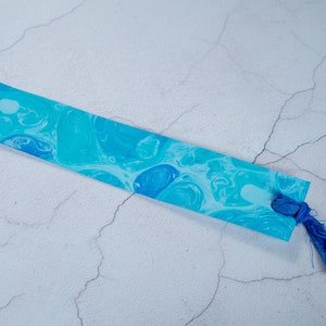 Blue Hand Marbled Bookmark Personalised with Name or Initials / Monogram Page Markers with Sari Ribbon Tassels image 7