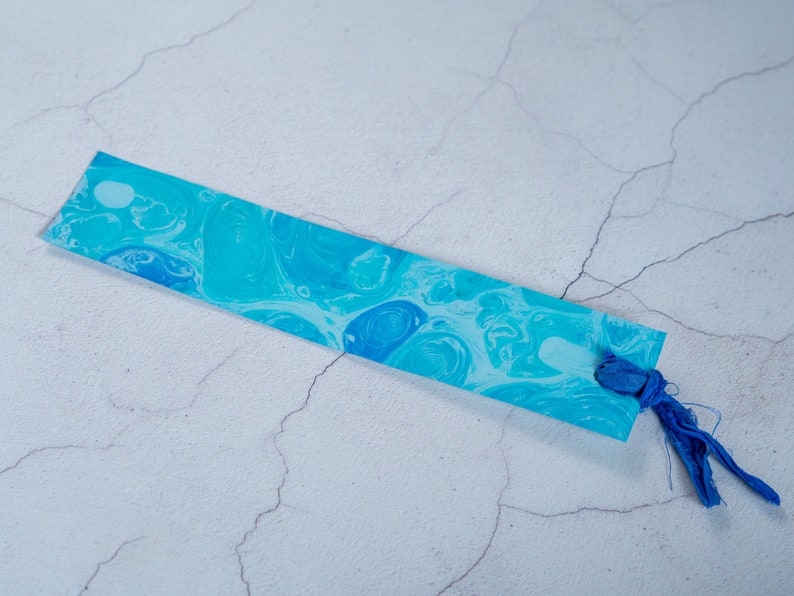 Blue Hand Marbled Bookmark Personalised with Name or Initials / Monogram Page Markers with Sari Ribbon Tassels image 7