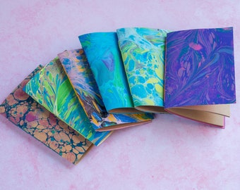 Hand Bound Marbled Notebooks, A6 Personalised Jotters, Plain Brown Recycled Pages - Colourful Books - Pink, Purple, Blue, Green