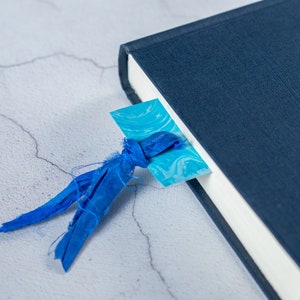 Blue Hand Marbled Bookmark Personalised with Name or Initials / Monogram Page Markers with Sari Ribbon Tassels image 3