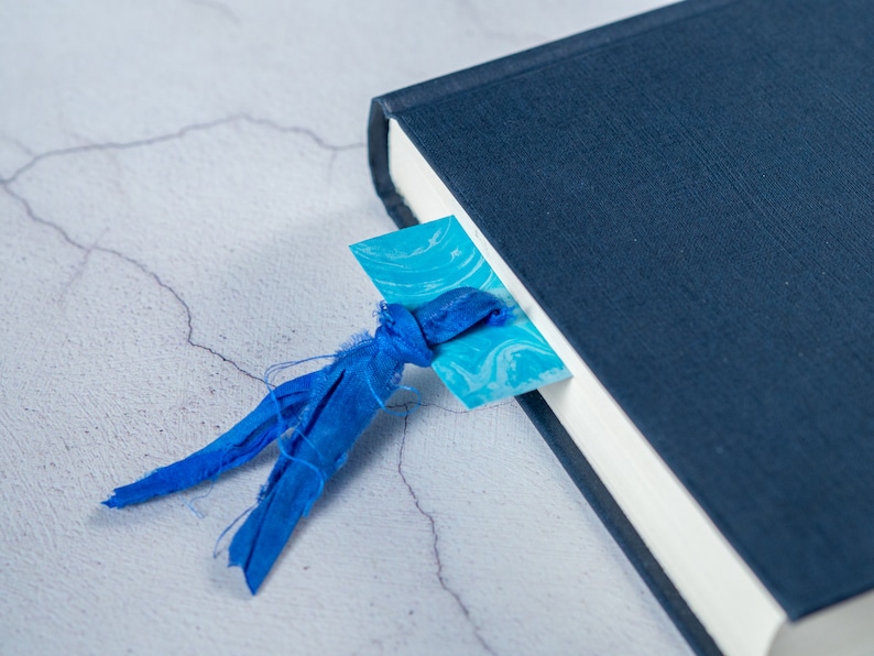 Blue Hand Marbled Bookmark Personalised with Name or Initials / Monogram Page Markers with Sari Ribbon Tassels image 3