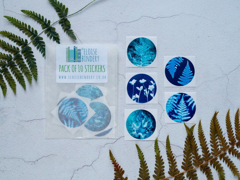 Blue Botanical Cyanotype Stickers Pack of 10 or 20 Round Glossy Labels Ferns, Leaves & Flowers Nature Gift Wrap Supplies, Envelope Seals image 4