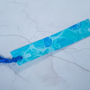 Blue Hand Marbled Bookmark Personalised with Name or Initials / Monogram Page Markers with Sari Ribbon Tassels image 6