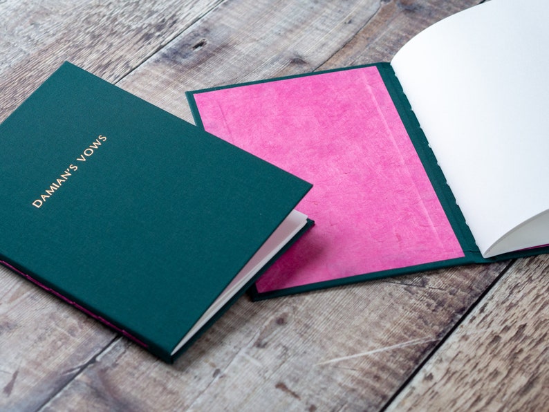 Pair of Wedding Vow Books, Personalised Hand Bound Bespoke Books, Customised in a colour combination of your choice, A6 & A5 Fabric Books image 6