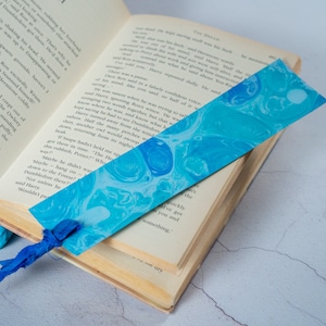 Blue Hand Marbled Bookmark Personalised with Name or Initials / Monogram Page Markers with Sari Ribbon Tassels image 1