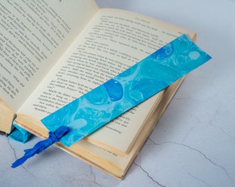 Blue Hand Marbled Bookmark - Personalised with Name or Initials / Monogram - Page Markers with Sari Ribbon Tassels