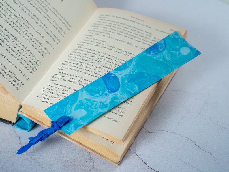 Blue Hand Marbled Bookmark Personalised with Name or Initials / Monogram Page Markers with Sari Ribbon Tassels image 1