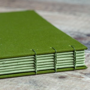 Moss Green Wedding Guest Book Fabric A5 Landscape Hand Bound Coptic Stitch Wedding Book with Personalised Cover with Names and Dates image 2