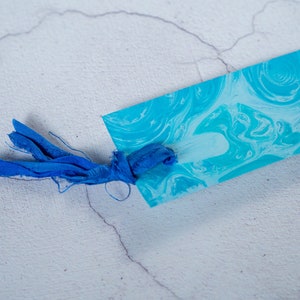 Blue Hand Marbled Bookmark Personalised with Name or Initials / Monogram Page Markers with Sari Ribbon Tassels image 2