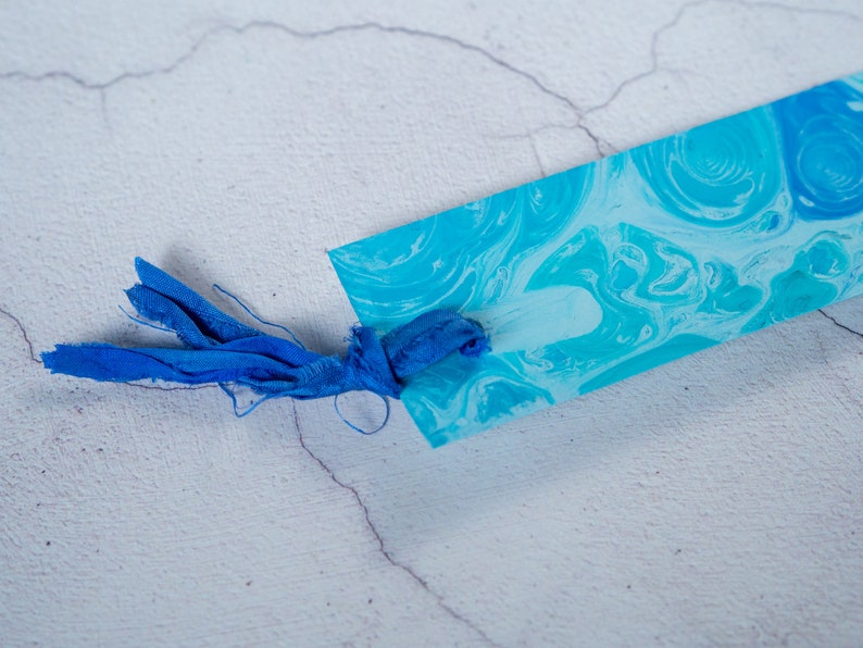 Blue Hand Marbled Bookmark Personalised with Name or Initials / Monogram Page Markers with Sari Ribbon Tassels image 2