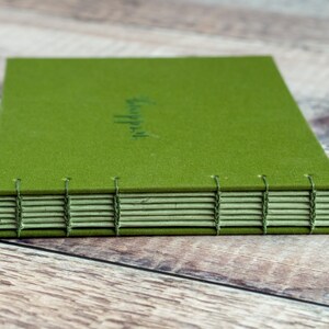 Moss Green Wedding Guest Book Fabric A5 Landscape Hand Bound Coptic Stitch Wedding Book with Personalised Cover with Names and Dates image 7