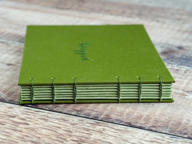 Moss Green Wedding Guest Book Fabric A5 Landscape Hand Bound Coptic Stitch Wedding Book with Personalised Cover with Names and Dates image 7