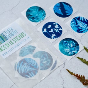 Blue Botanical Cyanotype Stickers Pack of 10 or 20 Round Glossy Labels Ferns, Leaves & Flowers Nature Gift Wrap Supplies, Envelope Seals image 9
