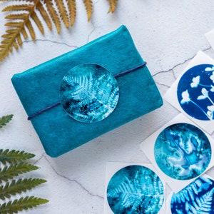 Blue Botanical Cyanotype Stickers Pack of 10 or 20 Round Glossy Labels Ferns, Leaves & Flowers Nature Gift Wrap Supplies, Envelope Seals image 3