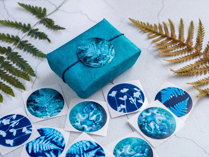 Blue Botanical Cyanotype Stickers Pack of 10 or 20 Round Glossy Labels Ferns, Leaves & Flowers Nature Gift Wrap Supplies, Envelope Seals image 1