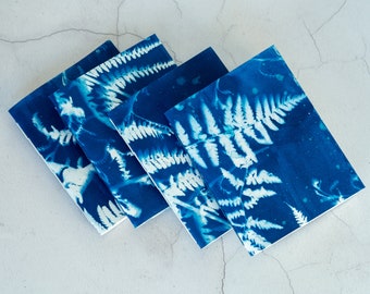Hand Bound Cyanotype Fern Notebooks, A6 Personalised Jotters, Plain White Pages - Blue Botanical Sun Print Leaf Books