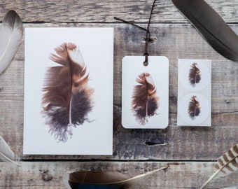 Brown Feather Stationery Set - Card, Sticker & Gift Tag - Blank Greeting Card / Notecard with Recycled Envelope - Plastic-Free!