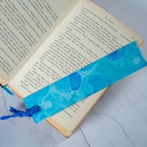 Blue Hand Marbled Bookmark Personalised with Name or Initials / Monogram Page Markers with Sari Ribbon Tassels image 5