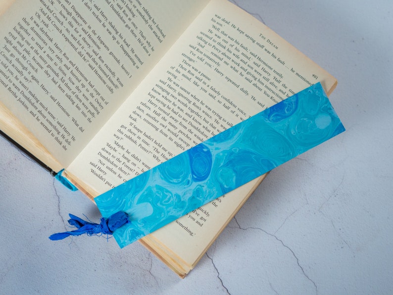 Blue Hand Marbled Bookmark Personalised with Name or Initials / Monogram Page Markers with Sari Ribbon Tassels image 5