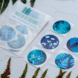 Blue Botanical Cyanotype Stickers Pack of 10 or 20 Round Glossy Labels Ferns, Leaves & Flowers Nature Gift Wrap Supplies, Envelope Seals image 7