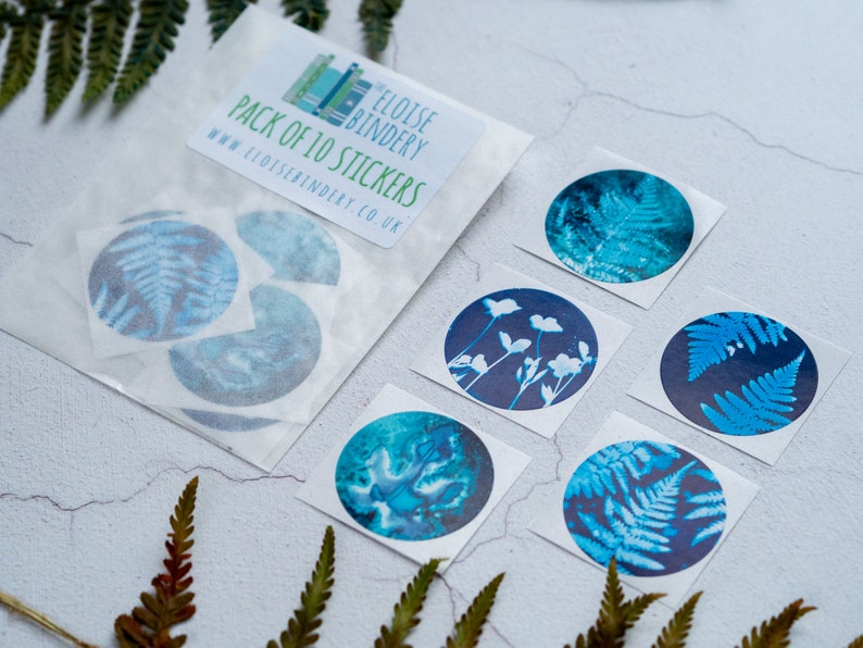 Blue Botanical Cyanotype Stickers Pack of 10 or 20 Round Glossy Labels Ferns, Leaves & Flowers Nature Gift Wrap Supplies, Envelope Seals image 7