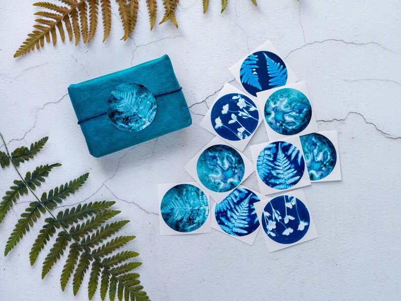 Blue Botanical Cyanotype Stickers Pack of 10 or 20 Round Glossy Labels Ferns, Leaves & Flowers Nature Gift Wrap Supplies, Envelope Seals image 5