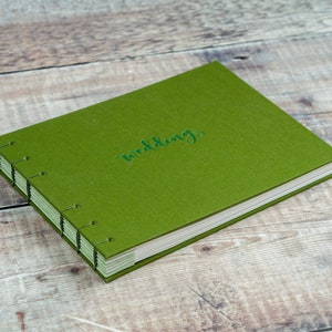 Moss Green Wedding Guest Book Fabric A5 Landscape Hand Bound Coptic Stitch Wedding Book with Personalised Cover with Names and Dates image 3