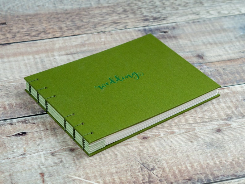 Moss Green Wedding Guest Book Fabric A5 Landscape Hand Bound Coptic Stitch Wedding Book with Personalised Cover with Names and Dates image 3