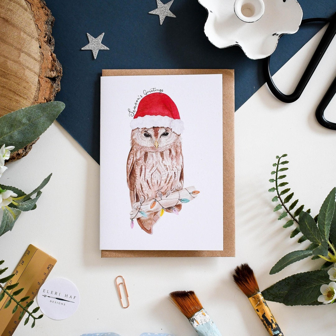 Recycled Festive Owl Christmas Card Season's Greetings Etsy UK