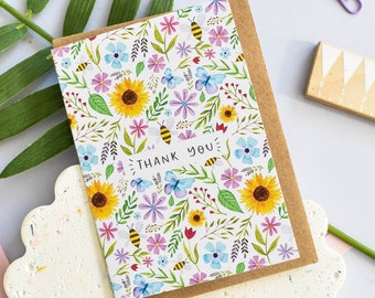 Mini Floral Thank You Card, Single Card Or Pack Of 4 Or 8