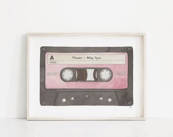 Personalised Illustrated Cassette Print, Flowers by Miley Cyrus Print, Music Lover Print