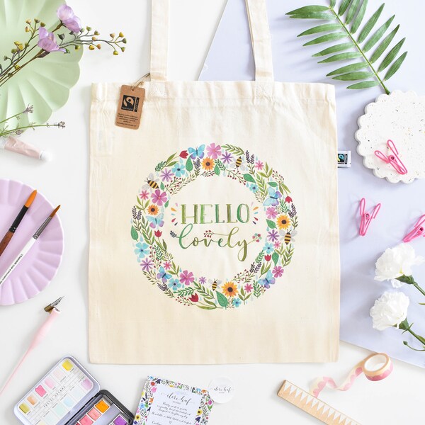 Sac fourre-tout illustré « Hello Lovely » en coton biologique et équitable