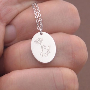 Birth Flower Name Necklace-Stamped Birth Month Flower Necklace-Floral Pendant,Birthday gift for her