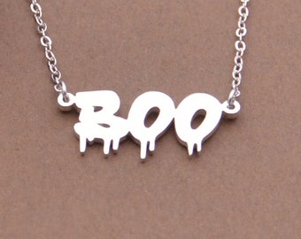 Silver BOO Drip Necklace, Handmade Halloween Gift