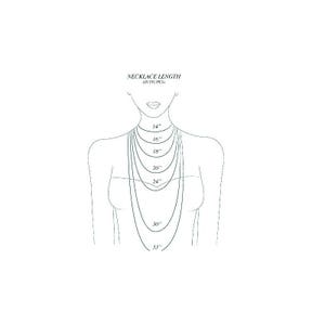 May include: A line drawing of a person wearing a necklace with different lengths marked in inches, from 14 inches to 33 inches.  The text "NECKLACE LENGTH" and "IN INCHES" is also included in the image.
