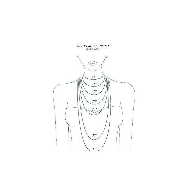 May include: A line drawing of a person wearing a necklace with different lengths marked in inches, from 14 inches to 33 inches.  The text "NECKLACE LENGTH" and "IN INCHES" is also included in the image.