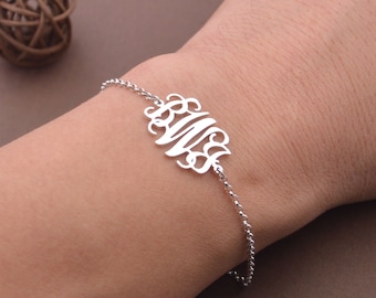 Silver Monogram bracelet-Sterling silver monogram jewelry-Handmade Christmas gift for Sister