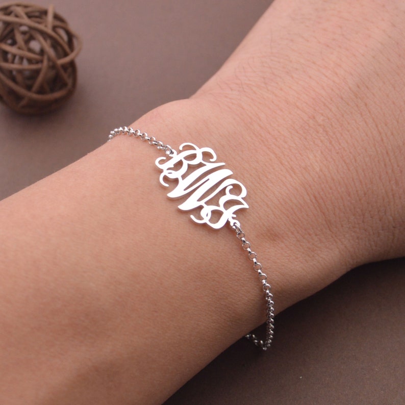 Silver Monogram bracelet-Sterling silver monogram jewelry-Handmade Christmas gift for Sister image 1