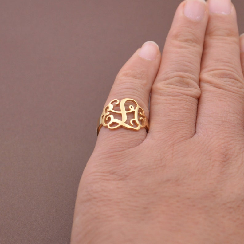 Monogram ring-initials ring-monogram jewelry-sterling silver monogran ring plated gold-Personalized gift for Mom,women image 7