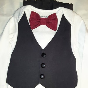 Baby Wedding Outfit Tux Black Baby Suit Tux Carter'sBodysuit Vest Pants Burgundy BowTie ANY Color BowTie Newb-24mo. Add Hat USA BabyCuteBaby image 1